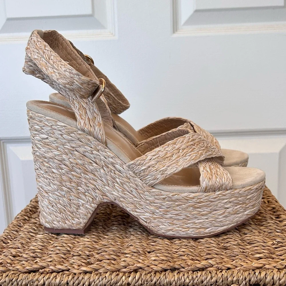 Shoedazzle Raffia Platform‎ Wedge Ankle Strap Size 10